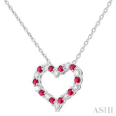 1.4 MM Round Cut Ruby and 1/8 Ctw Open Heart Round Cut Diamond Precious Fashion Pendant With Chain in 14K White Gold